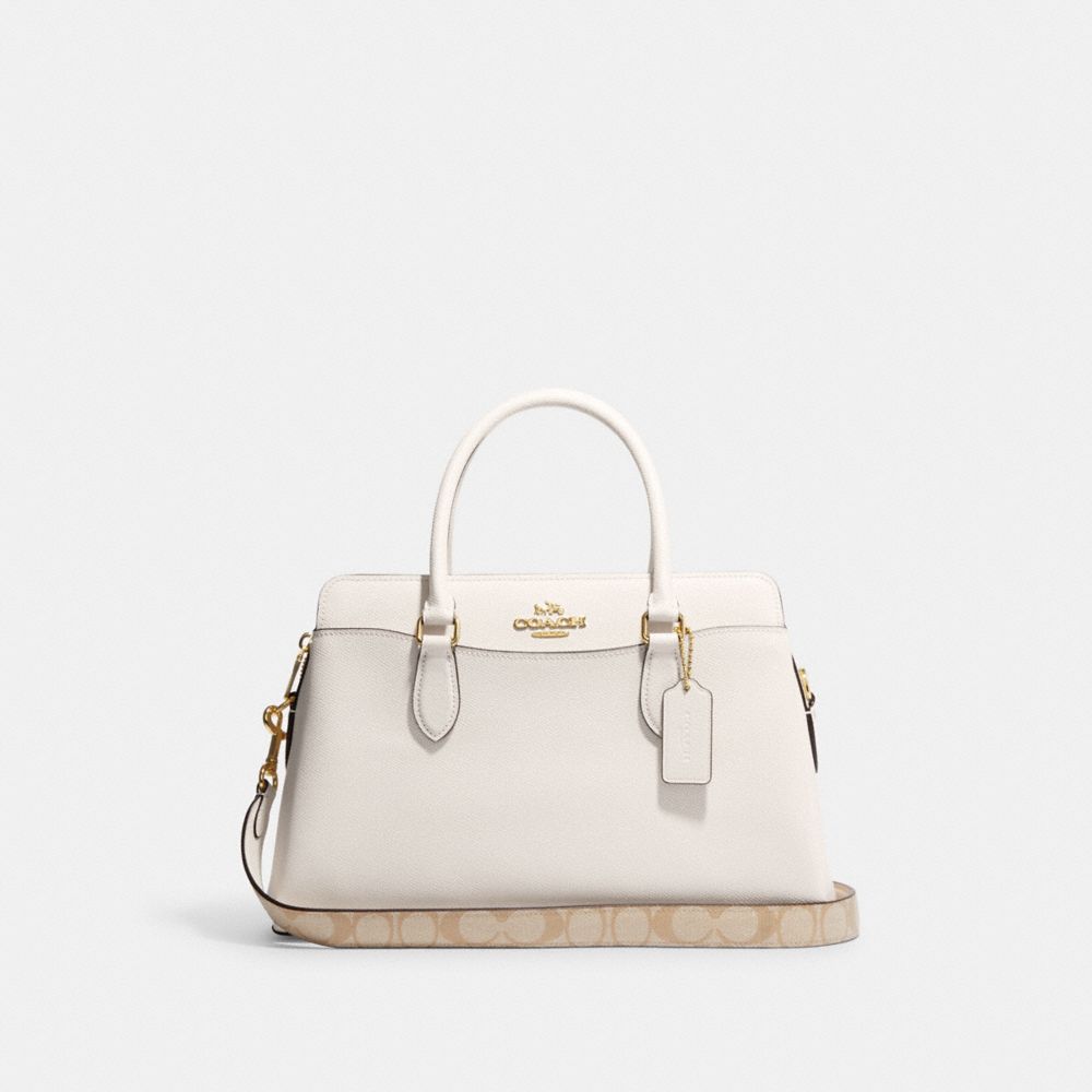 COACH®,DARCIE CARRYALL BAG WITH SIGNATURE CANVAS DETAIL,Crossgrain Leather,Medium,Gold/Chalk,Front View