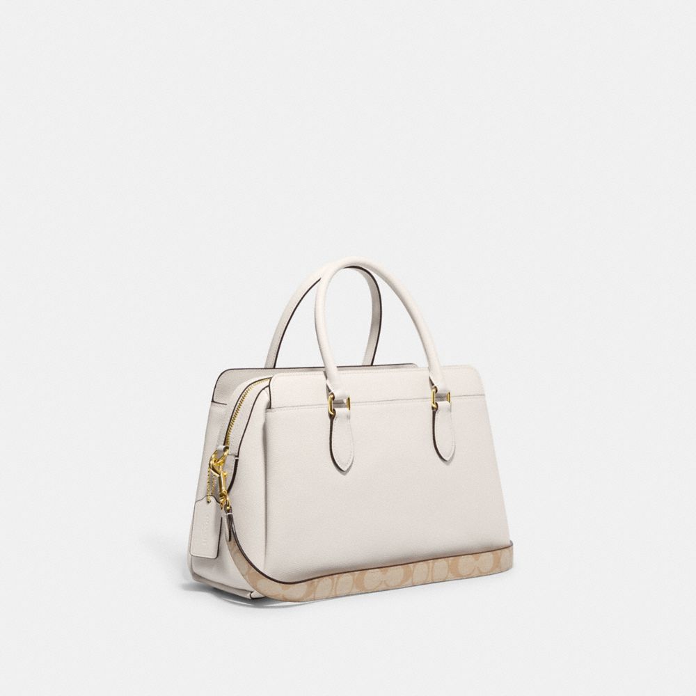 COACH®,DARCIE CARRYALL BAG WITH SIGNATURE CANVAS DETAIL,Crossgrain Leather,Medium,Gold/Chalk,Angle View