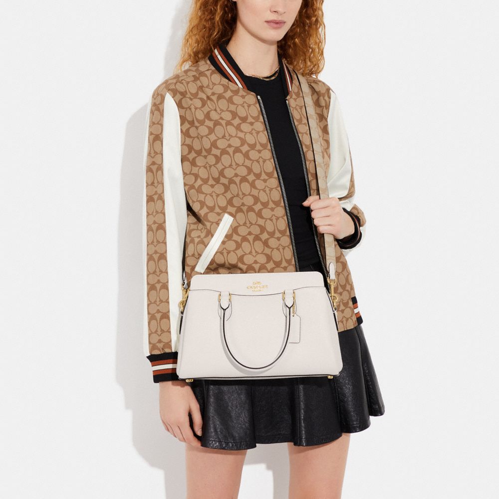 COACH®,Darcie Carryall Bag With Signature Canvas Detail,Leather,Canvas,Satchel,Logo,Gold Metal,Casual,Cream,Detail View