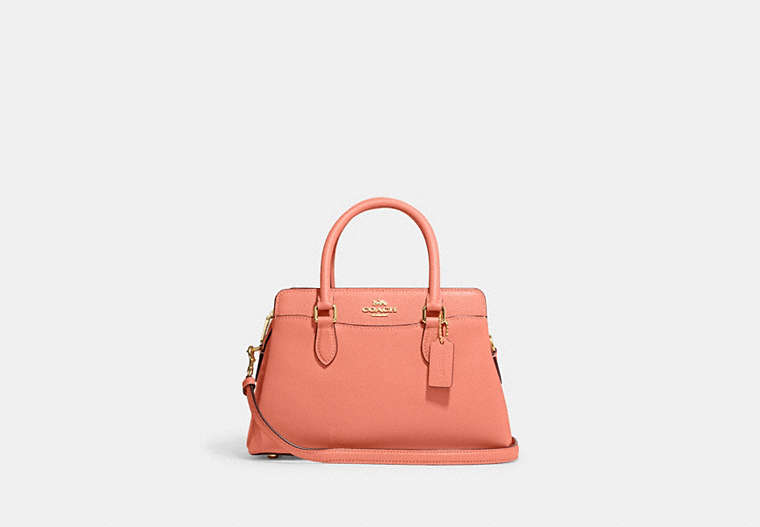 COACH®,MINI DARCIE CARRYALL BAG,Crossgrain Leather,Small,Anniversary,Gold/Light Coral,Front View