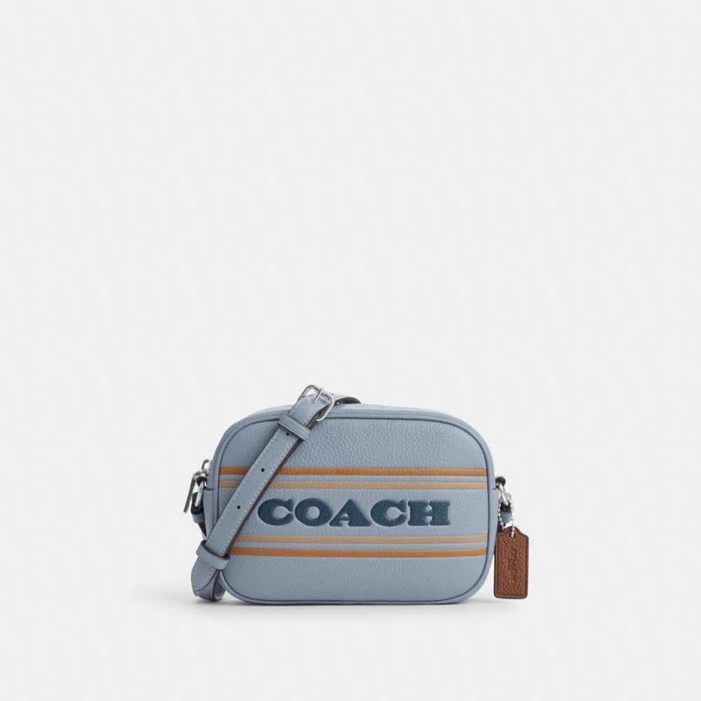 COACH®,MINI JAMIE CAMERA BAG WITH COACH STRIPE,Novelty Leather,Mini,Anniversary,Silver/Grey Mist Multi,Front View