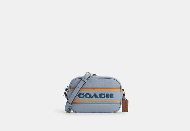 COACH®,MINI JAMIE CAMERA BAG WITH COACH STRIPE,Leather,Mini,Anniversary,Silver/Grey Mist Multi,Front View