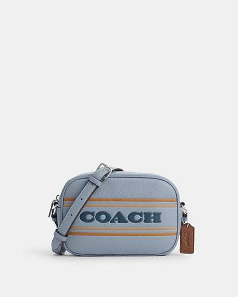 COACH®,MINI JAMIE CAMERA BAG WITH COACH STRIPE,Leather,Anniversary,Silver/Grey Mist Multi,Front View