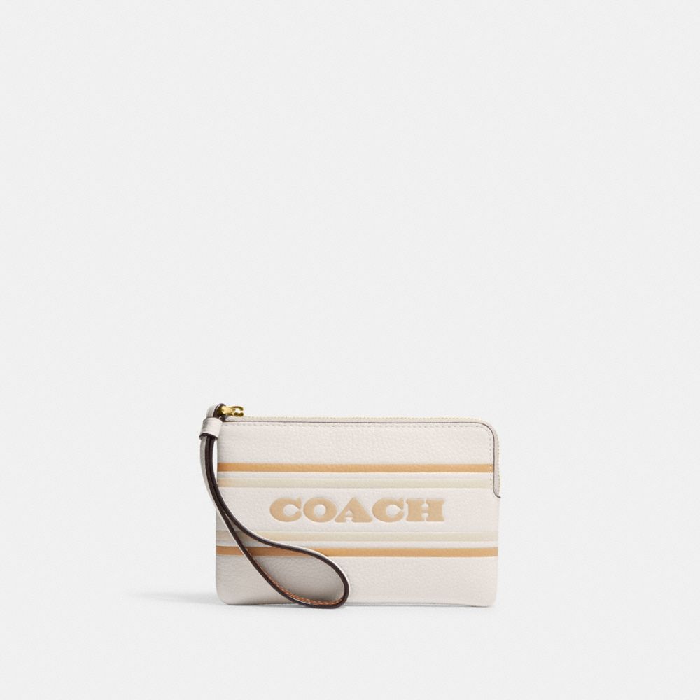 COACH®,CORNER ZIP WRISTLET WITH COACH STRIPE,Novelty Leather,Mini,Gold/Chalk Multi,Front View