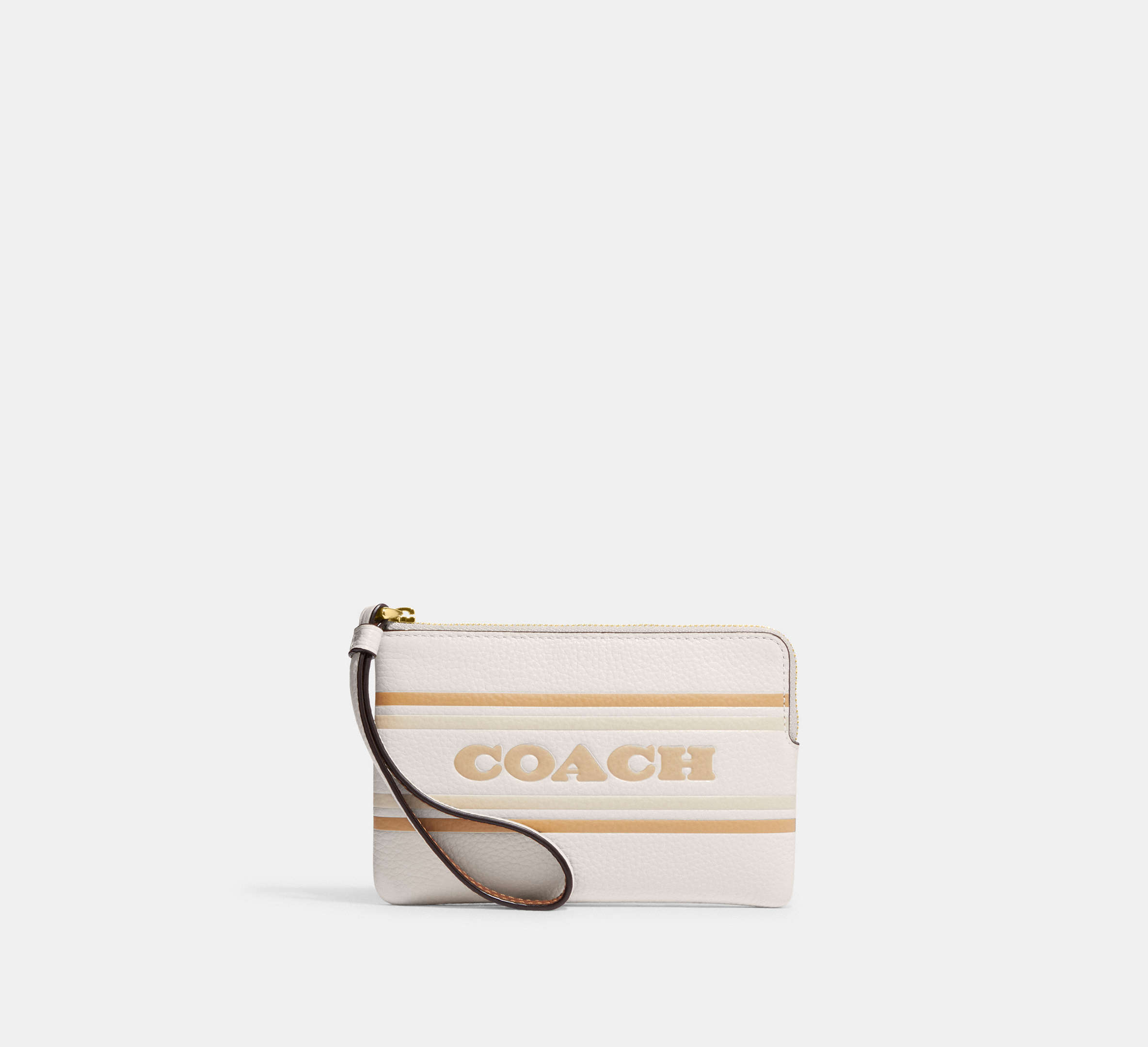 COACH®,CORNER ZIP WRISTLET WITH COACH STRIPE,Leather,Mini,Gold/Chalk Multi,Front View
