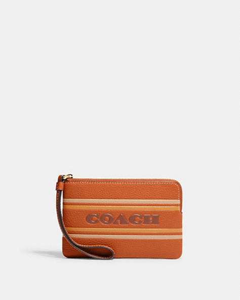 COACH®,CORNER ZIP WRISTLET WITH COACH STRIPE,Leather,Mini,Im/Canyon Multi,Front View