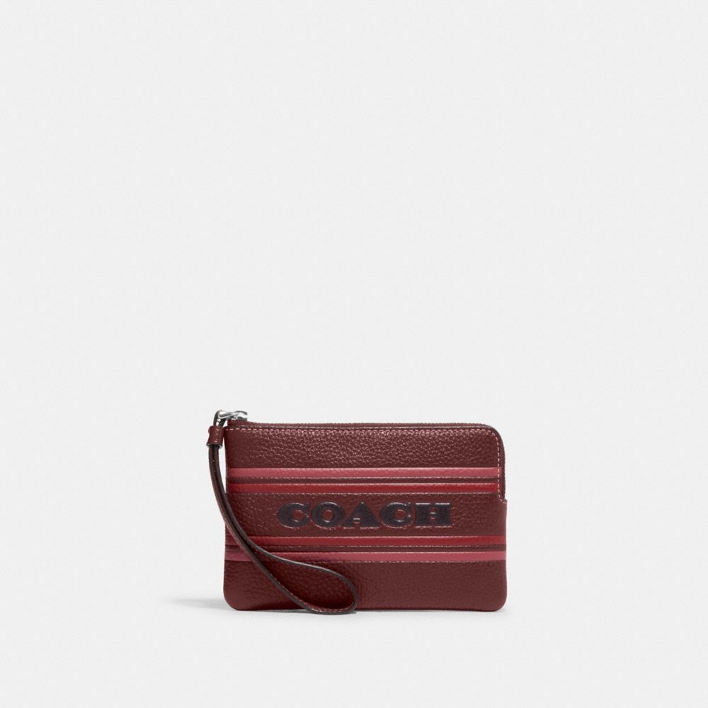 COACH®,WRISTLET À ZIP EN COIN AVEC BANDE COACH,Cuir,Argent/Rouge vin multi,Front View