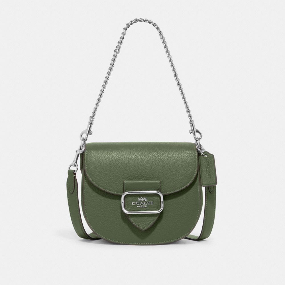 COACH®,MORGAN SADDLE BAG,Pebbled Leather,Small,Silver/Dark Sage,Front View