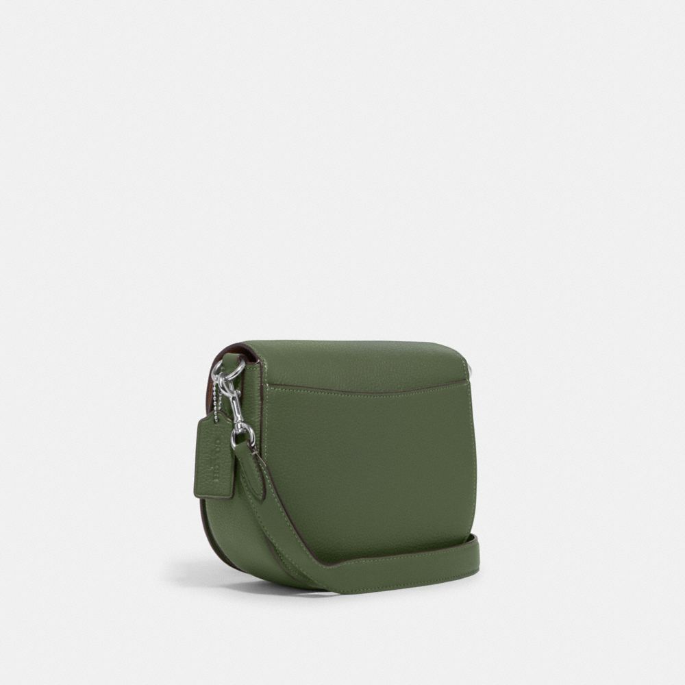 COACH®,MORGAN SADDLE BAG,Pebbled Leather,Small,Silver/Dark Sage,Angle View