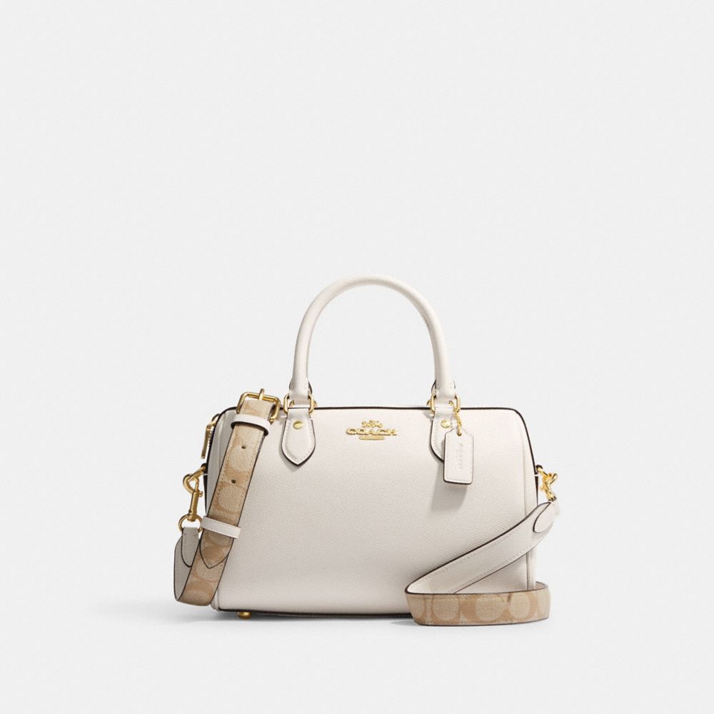 COACH®,SATCHEL ROWAN AVEC BANDOUILLÈRE EN TOILE SIGNATURE,Cuir Cross-grain,Or/Craie,Front View