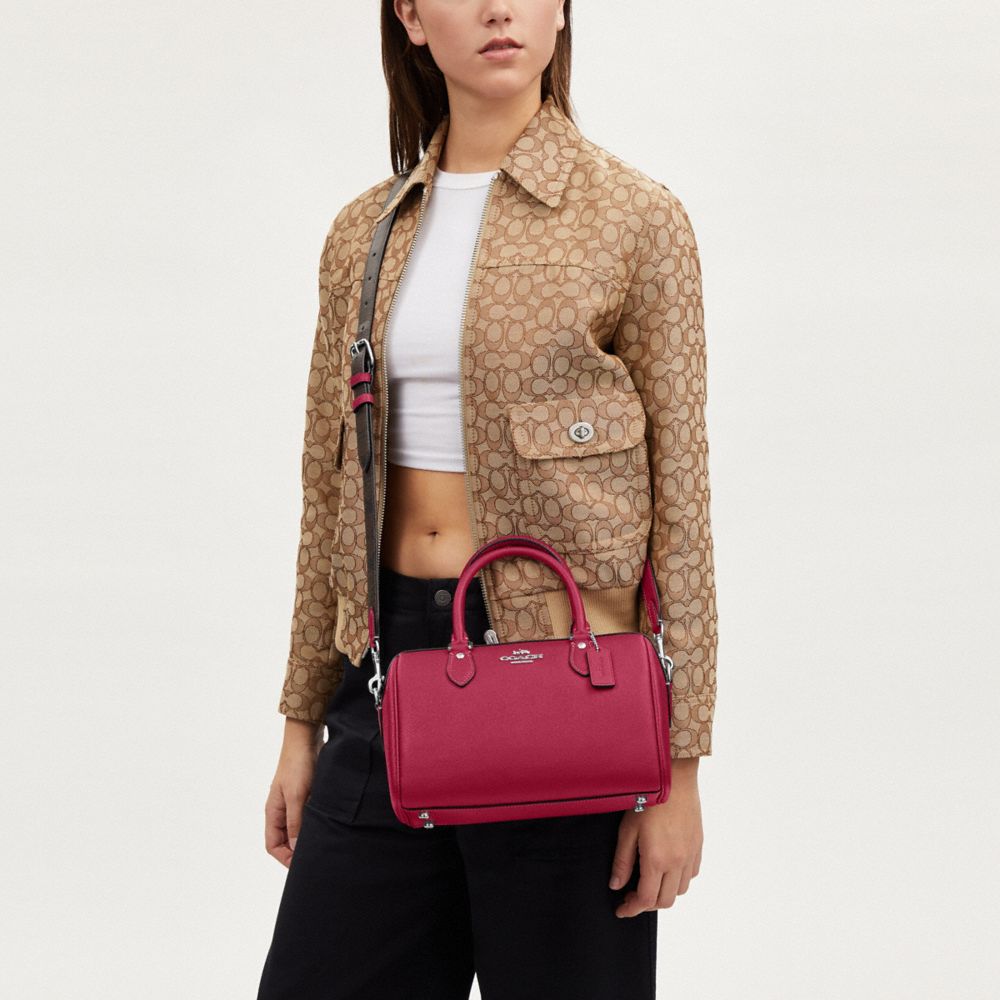 COACH®,Rowan Satchel Bag With Signature Canvas Strap,Leather,Canvas,Crossbody,Satchel,Logo,Gold Metal,Casual,Maroon,Detail View