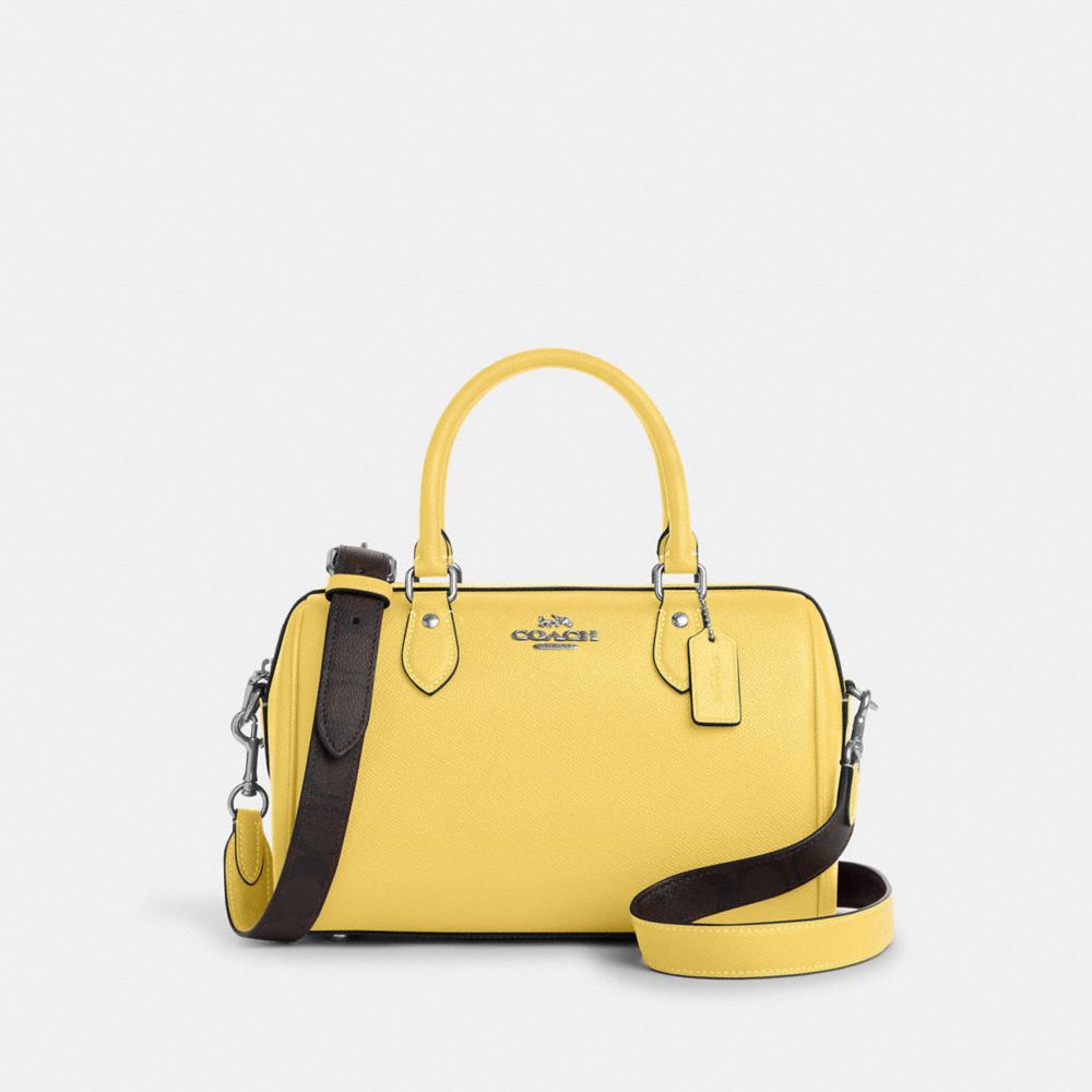 COACH®,SATCHEL ROWAN AVEC BANDOUILLÈRE EN TOILE SIGNATURE,Cuir Cross-grain,Argent/Jaune rétro,Front View