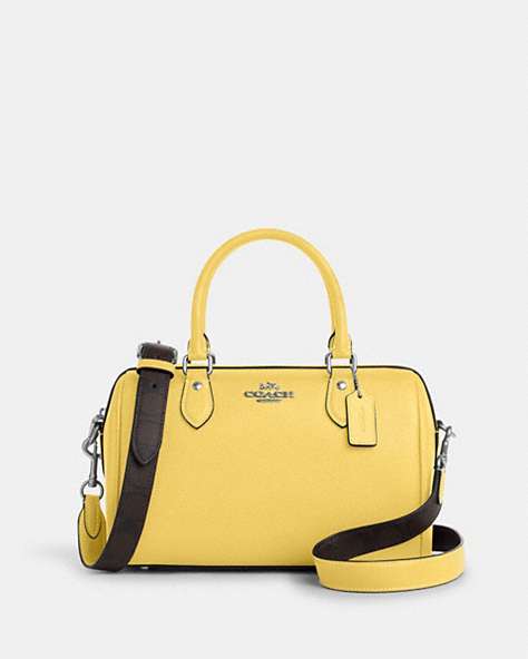 COACH®,ROWAN SATCHEL BAG WITH SIGNATURE CANVAS STRAP,Crossgrain Leather,Medium,Silver/Retro Yellow,Front View