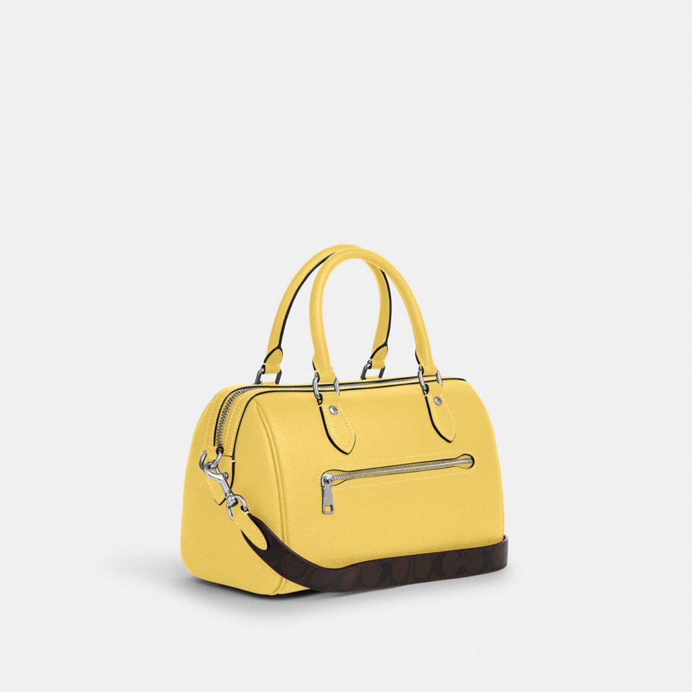 COACH®,ROWAN SATCHEL BAG WITH SIGNATURE CANVAS STRAP,Crossgrain Leather,Medium,Silver/Retro Yellow,Angle View