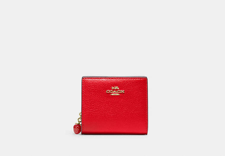 COACH®,SNAP WALLET WITH STRAWBERRY,Mini,Gold/Electric Red,Front View