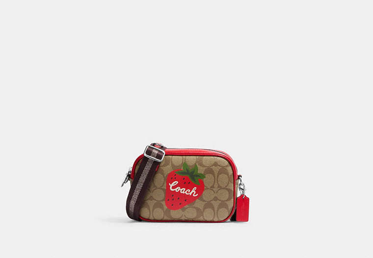 COACH®,MINI JAMIE CAMERA BAG IN SIGNATURE CANVAS WITH WILD STRAWBERRY,Silver/Khaki/Electric Red,Front View