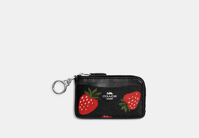 COACH®,MULTIFUNCTION CARD CASE WITH WILD STRAWBERRY PRINT,Leather,Mini,Silver/Black Multi,Front View