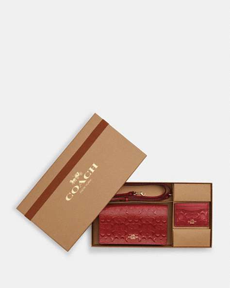 COACH®,BOXED ANNA FOLDOVER CLUTCH CROSSBODY AND CARD CASE SET IN SIGNATURE LEATHER,Mini,Gold/Electric Red,Front View