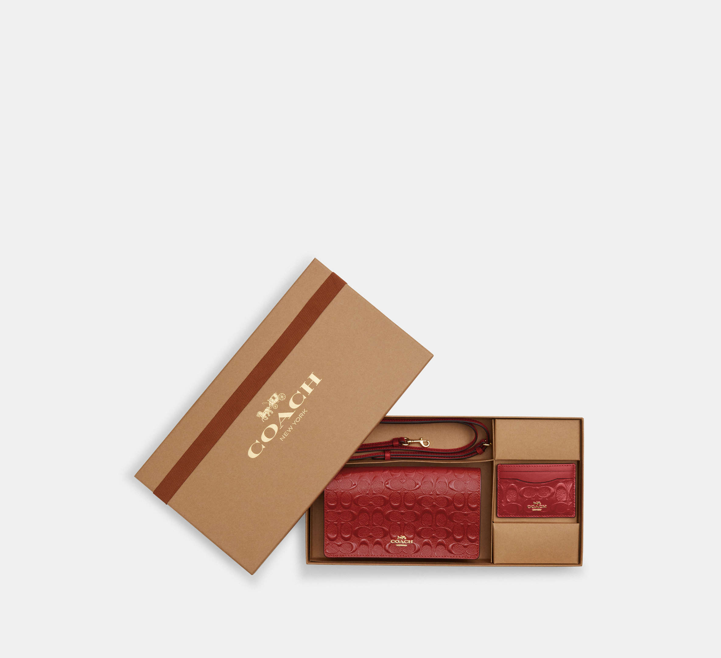 COACH®,BOXED ANNA FOLDOVER CLUTCH CROSSBODY AND CARD CASE SET IN SIGNATURE LEATHER,Gold/Electric Red,Front View