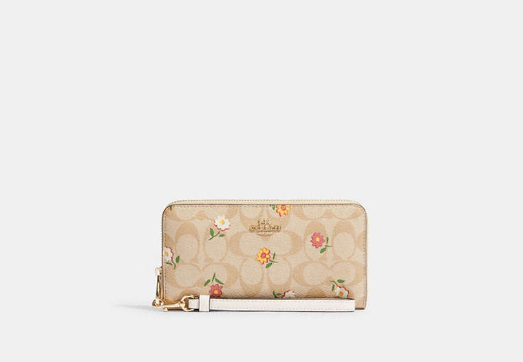 COACH®,LONG ZIP AROUND WALLET IN SIGNATURE CANVAS WITH NOSTALGIC DITSY PRINT,Mini,Gold/Light Khaki Multi,Front View