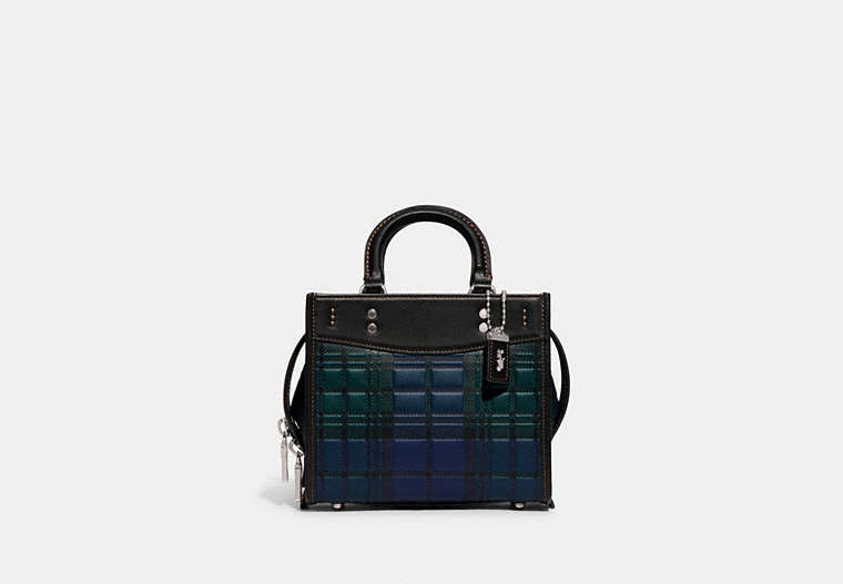 COACH®,ROGUE 20 WITH PLAID PRINT,Smooth Leather,Small,Plaid,Silver/Green Multi,Front View