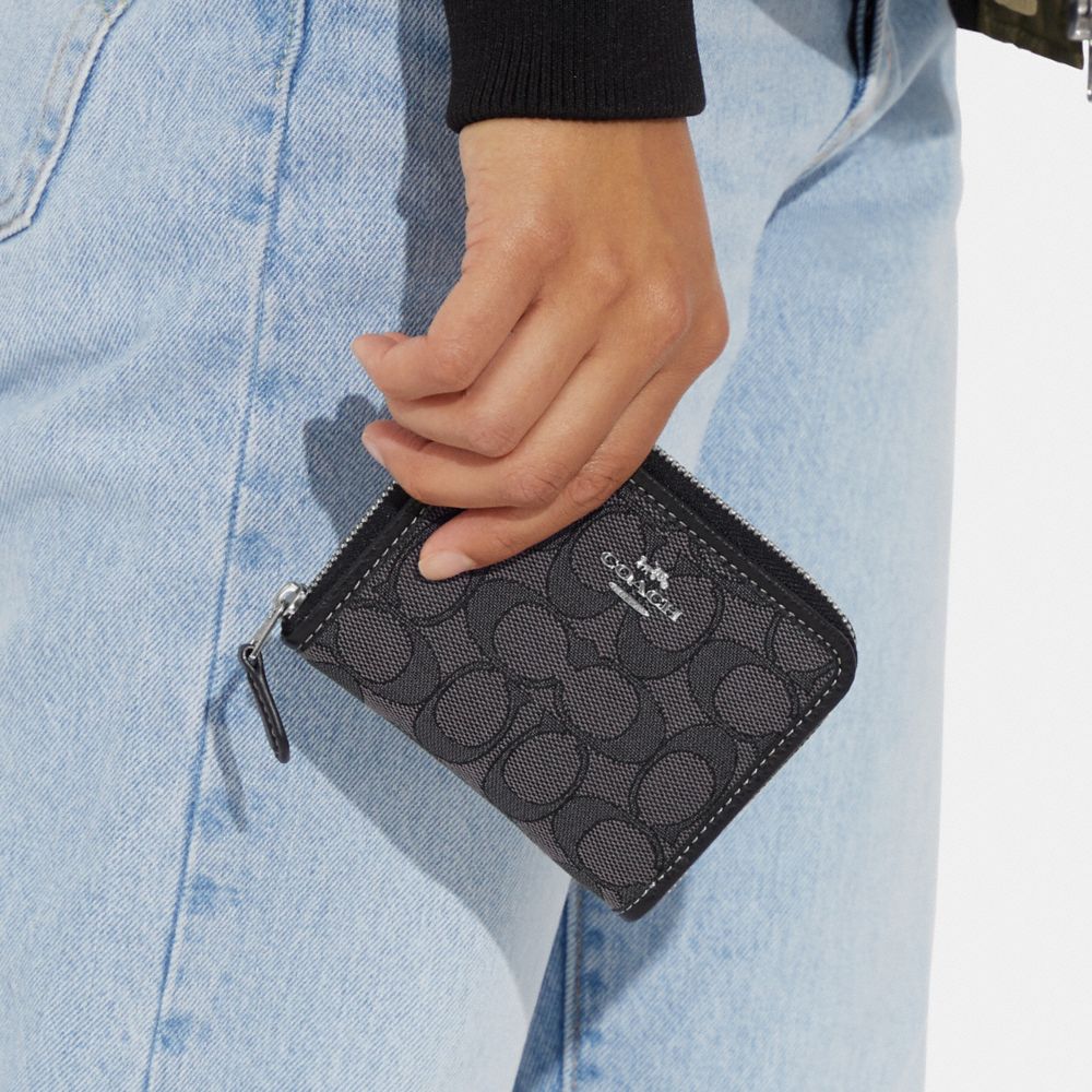 COACH®,SMALL ZIP AROUND WALLET IN SIGNATURE JACQUARD,Mini,Silver/Black Smoke Black Multi,Detail View