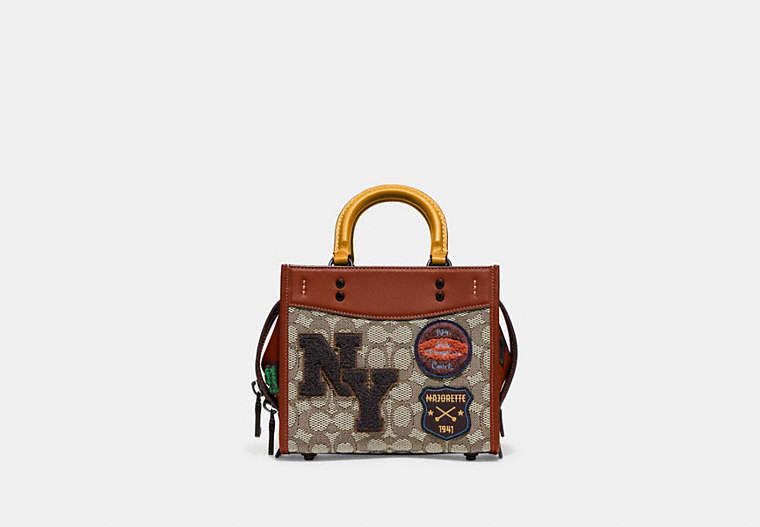 COACH®,ROGUE 20 IN SIGNATURE TEXTILE JACQUARD WITH VARSITY PATCHES,Jacquard,Small,Pewter/Mustard Burnished Amber,Front View