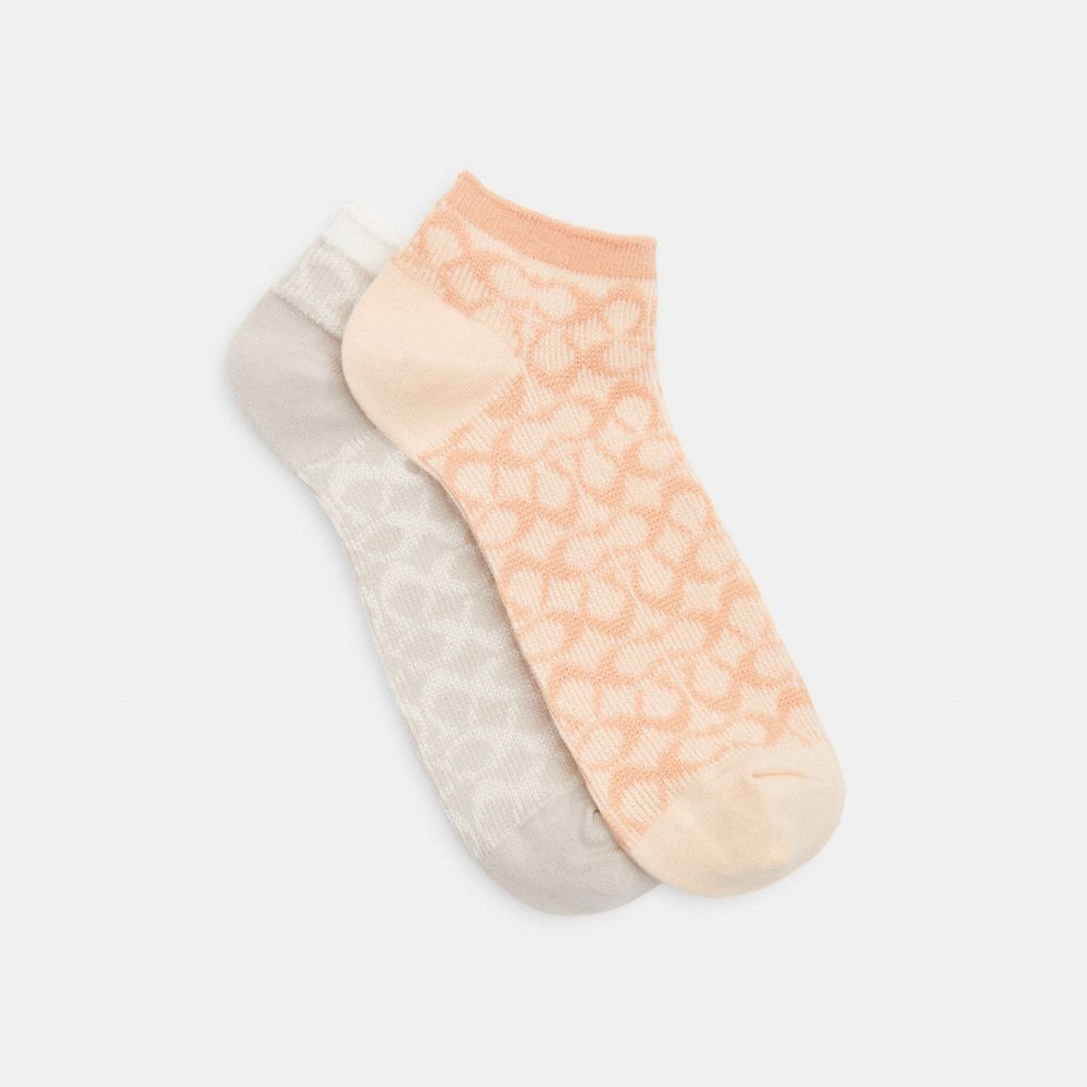 COACH®,SIGNATURE ANKLE SOCKS,Mixed Material,Flower Pink/Chalk,Front View