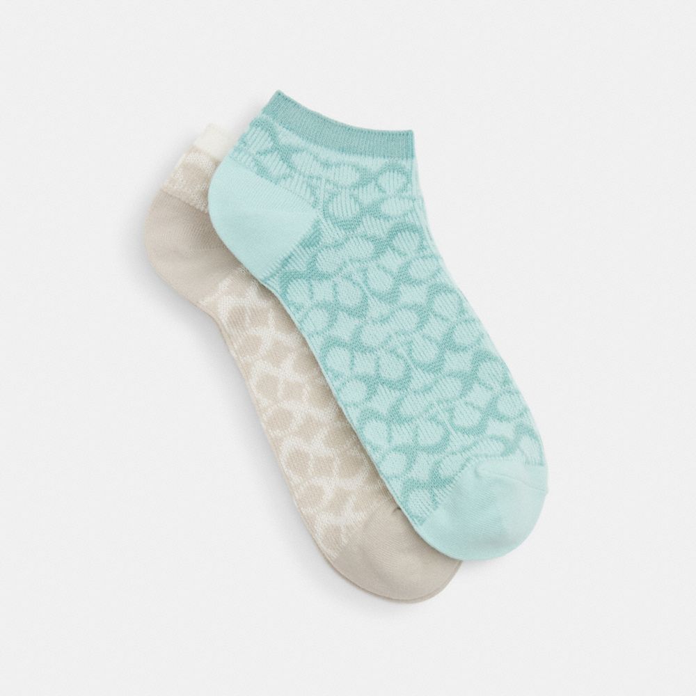 COACH®,SIGNATURE ANKLE SOCKS,Mixed Material,Turquoise/Chalk,Front View