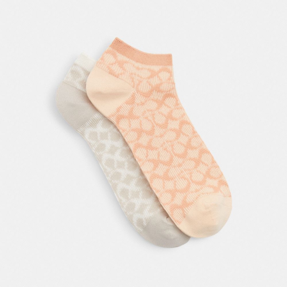 COACH®,SIGNATURE ANKLE SOCKS,Mixed Material,Coral/Chalk,Front View