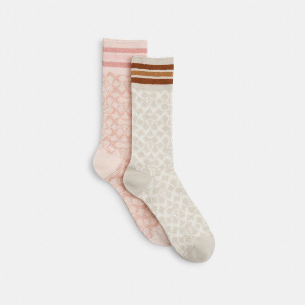 COACH®,Signature Calf Socks,Polyester,Polyamide,Spandex,Cotton,Crew Socks,Stripe,Logo,Set,Casual,Multi Color,Front View