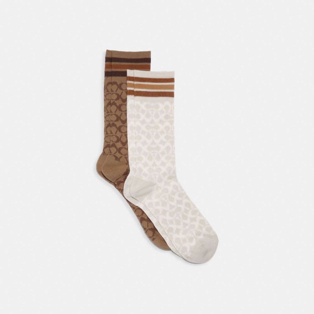 COACH®,Signature Calf Socks,Polyester,Polyamide,Spandex,Cotton,Crew Socks,Stripe,Logo,Set,Casual,Multi Color,Front View