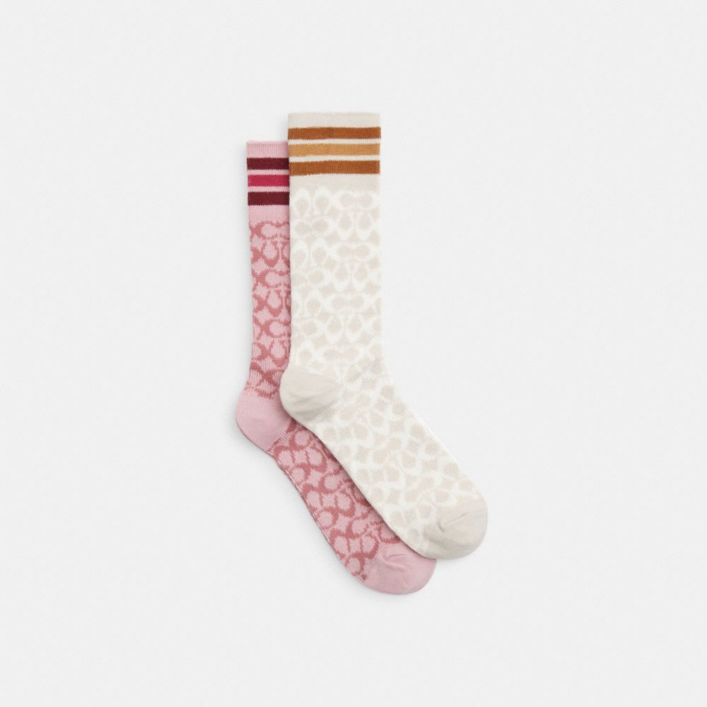 COACH®,CHAUSSETTES LONGUEUR MOLLET SIGNATURE,Rose véritable/Craie,Front View