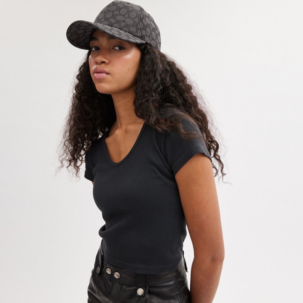 COACH®,SIGNATURE JACQUARD BASEBALL HAT,Charcoal,Detail View