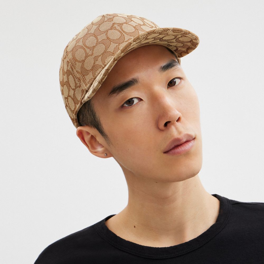 COACH®,SIGNATURE JACQUARD BASEBALL HAT,Khaki,Angle View