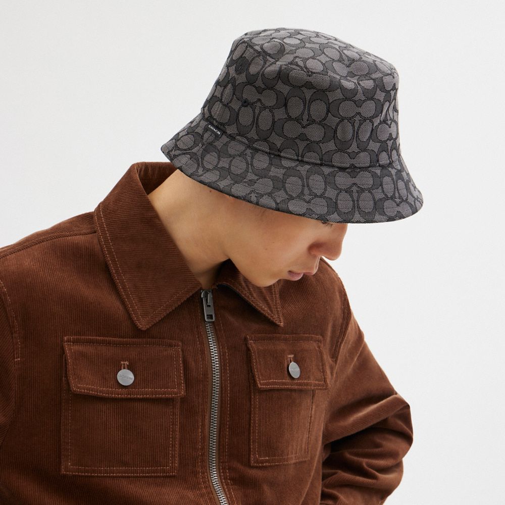 COACH®,SIGNATURE JACQUARD BUCKET HAT,Charcoal,Angle View
