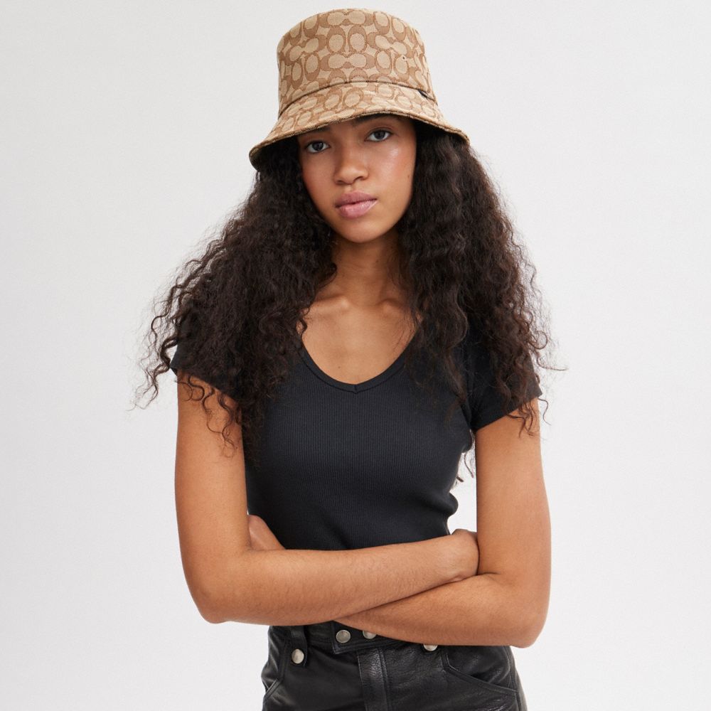 COACH®,SIGNATURE JACQUARD BUCKET HAT,Khaki,Angle View