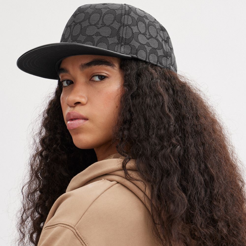 COACH®,SIGNATURE JACQUARD FLAT BRIM HAT,Charcoal/Black,Detail View
