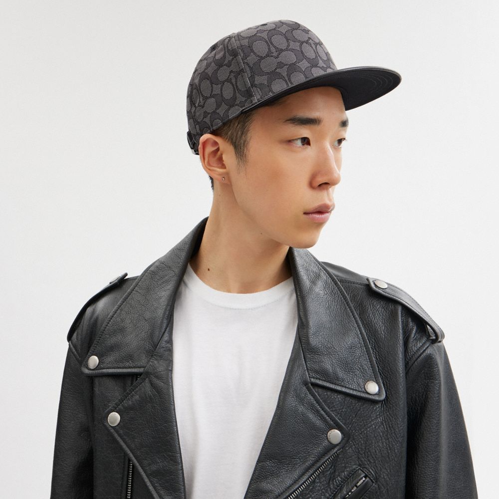 COACH®,SIGNATURE JACQUARD FLAT BRIM HAT,Charcoal/Black,Angle View