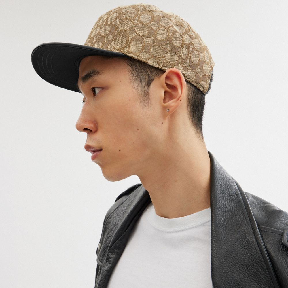 COACH®,SIGNATURE JACQUARD FLAT BRIM HAT,Khaki/Black,Angle View