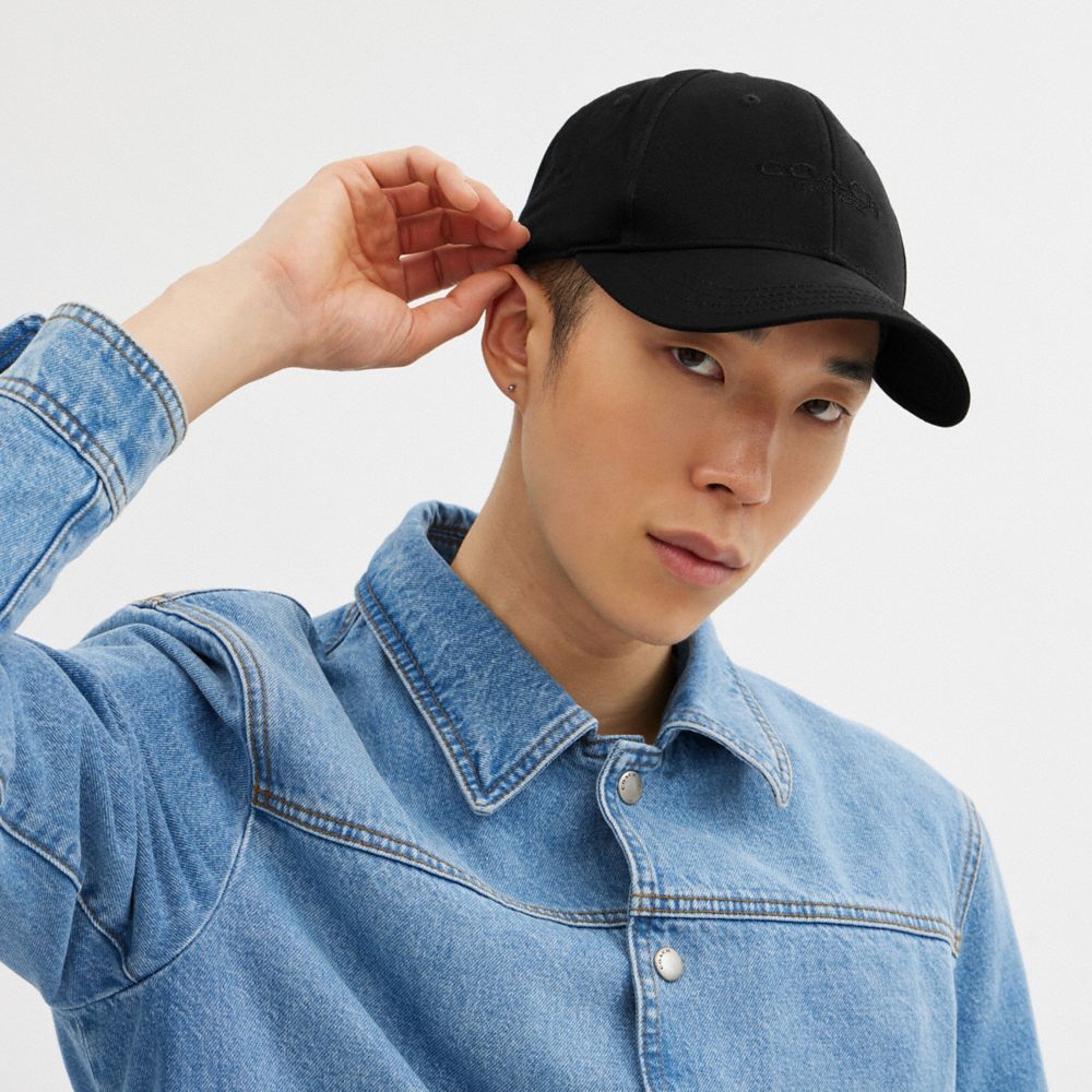 COACH®,Embroidered Baseball Hat,Twill,Cotton,Baseball Cap,Logo,Embroidered,Casual,Black,Angle View