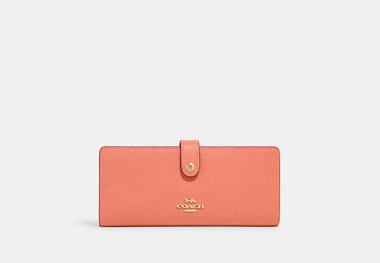 COACH®,SLIM WALLET,Crossgrain Leather,Mini,Gold/Light Coral,Front View