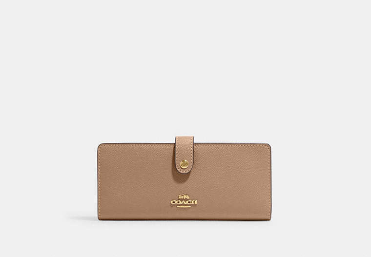 COACH®,SLIM WALLET,Crossgrain Leather,Mini,Gold/Taupe,Front View