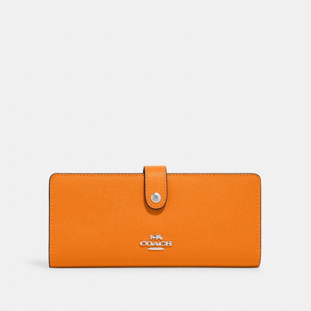 COACH®,SLIM WALLET,Crossgrain Leather,Mini,Silver/Bright Mandarin,Front View