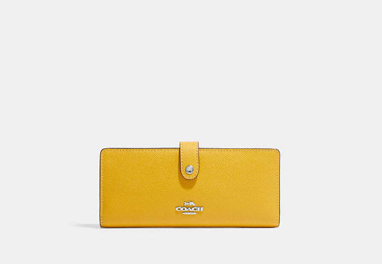 COACH®,SLIM WALLET,Crossgrain Leather,Mini,Silver/Canary,Front View