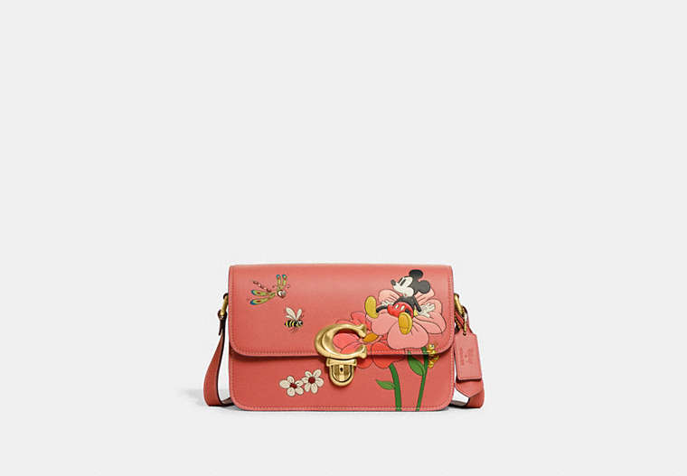 COACH®,DISNEY X COACH STUDIO SHOULDER BAG WITH MICKEY MOUSE AND FLOWERS,Glovetanned Leather,Small,Brass/Burnt Coral,Front View