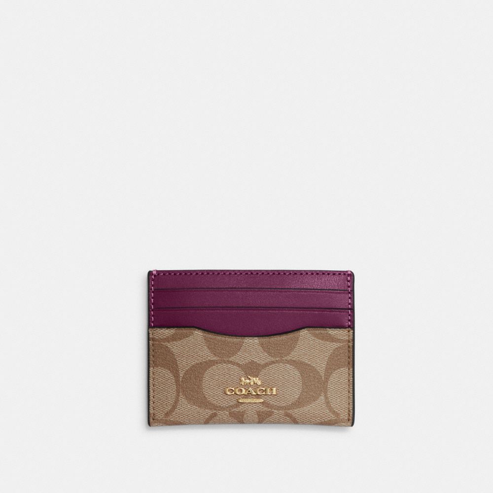 COACH®,SLIM ID CARD CASE IN SIGNATURE CANVAS,pvc,Gold/Khaki/Deep Berry,Front View