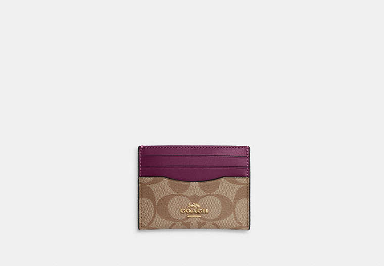 COACH®,SLIM ID CARD CASE IN SIGNATURE CANVAS,pvc,Gold/Khaki/Deep Berry,Front View