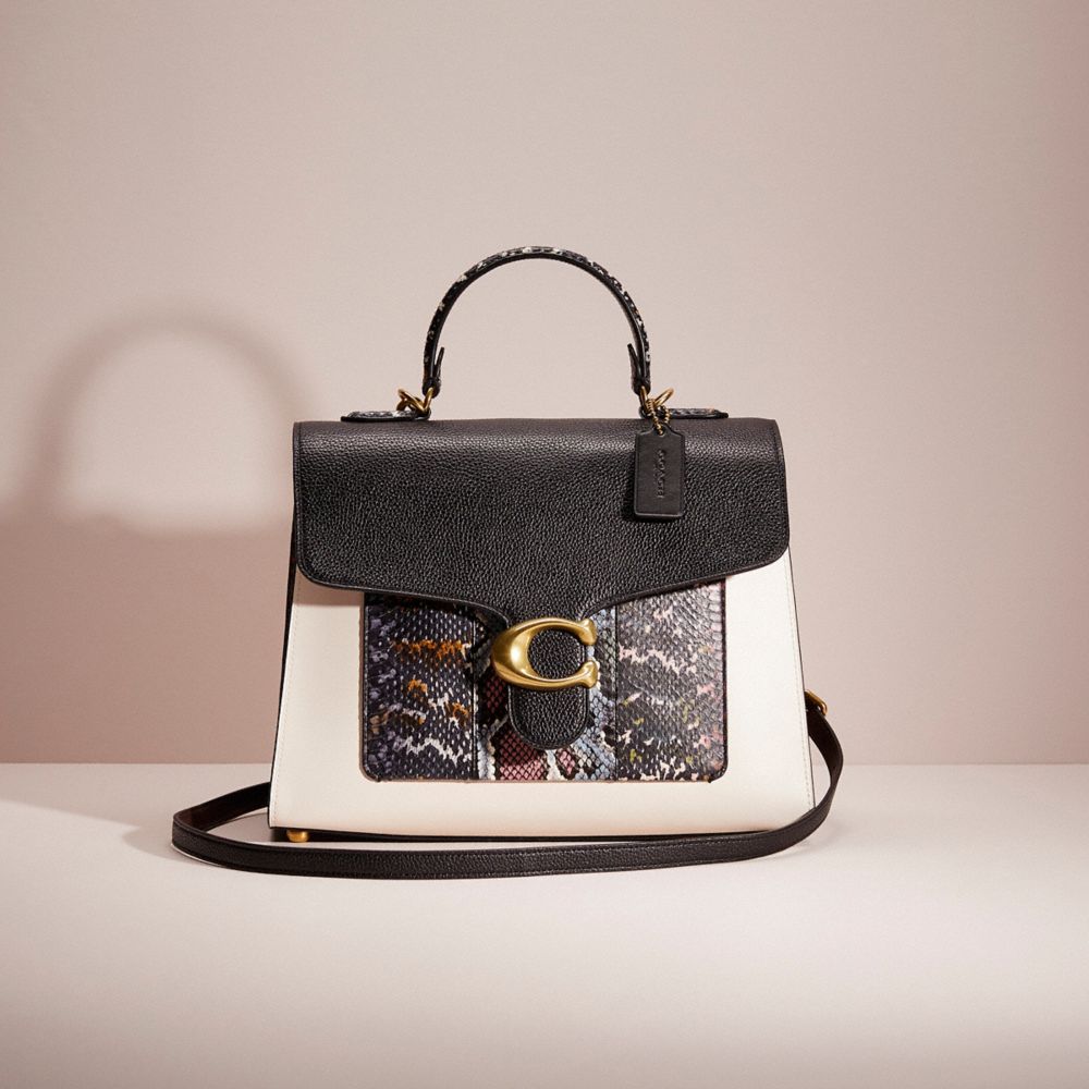 COACH®,RESTORED TABBY TOP HANDLE IN COLORBLOCK SNAKESKIN,Polished Pebble Leather,Brass/Black Multi,Front View