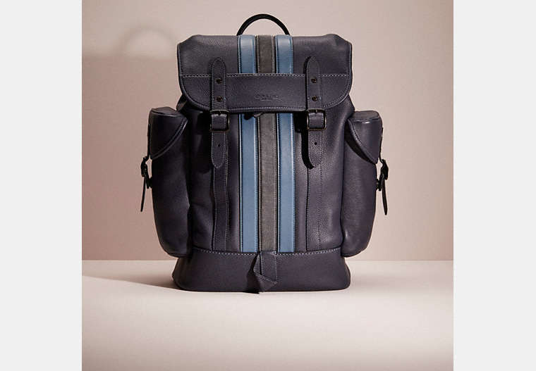 COACH®,RESTORED HITCH BACKPACK WITH VARSITY STRIPE,Polished Pebble Leather,Large,Black Copper/Midnight Navy Multi,Front View